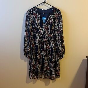 NWT- size Large- Cupshe Navy Blue with floral print long sleeve dress